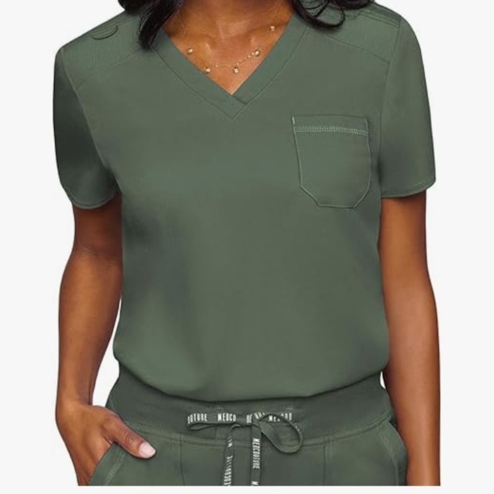 Women's V-Neck One Pocket Scrub Top And Matching Scrub Joggers